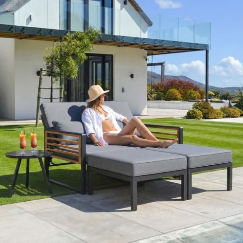 Merax Garten-Lounge-Set für 2-4 Personen, Doppel-Liege & Outdoor Daybed mit Verstellbarer Rückenlehne, Inkl. Rücken- und Sitzkissen, Modular und Flexibel
