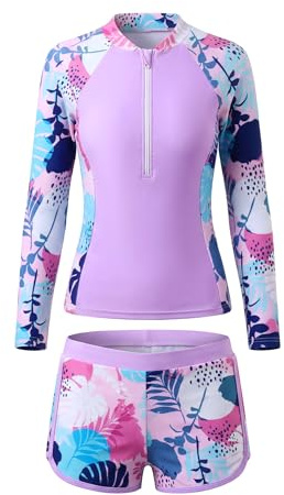 Keyck Traje de Baño Niña 2 Piezas Manga Larga Rash Guard 11-12 Años, Morado