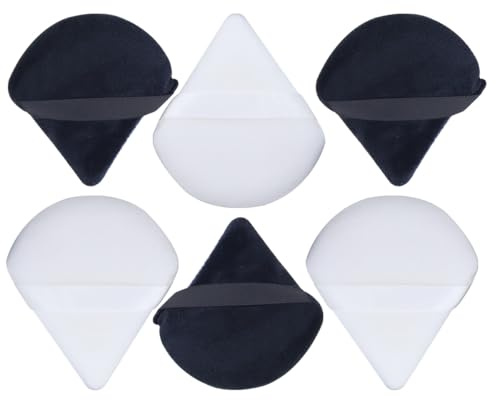 Huba Lot de 6 houppettes triangulaires en coton doux lavables pour le visage, utilisables à sec ou humide, pour blush et fond de teint, avec dragonne, noir et blanc.