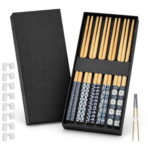 Chopsticks Set – 5 Pairs Reusable Wooden Japenese Chopsticks with 10 Helper Tools & Storage Box