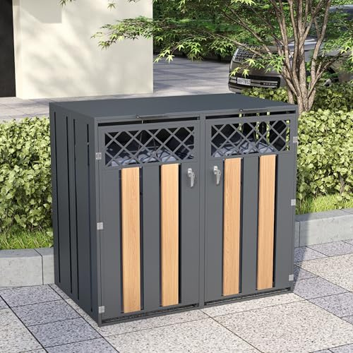 Merax Cache-poubelle à 2 portes avec couvercle rabattable hydraulique et double ouverture avant, cache-poubelle verrouillable pour 2 poubelles, design double porte, acier galvanisé, inoxydable et