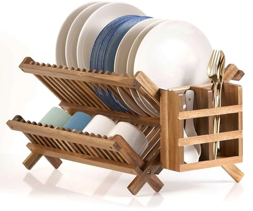 Escurridor de platos de acacia, plegable de 2 niveles con soporte para utensilios, escurridor de platos de madera grande para encimera de cocina