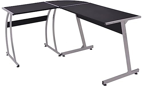 Ziaphsol Escritorio esquinero en forma de L, color negro, 152 x 117 x 74 cm, con marco de metal, tablero de partículas con PVC, para PC, portátil, oficina, hogar, oficina, mucho espacio de
