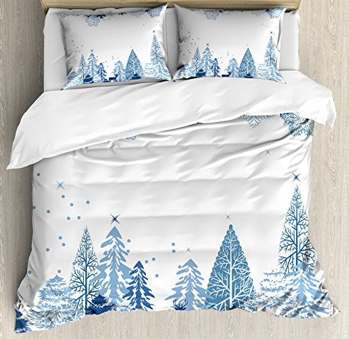 Ambesonne Winter Duvet Cover Set, Cold Scene Deer Frozen Trees and Snow Christmas Season Pine Trees Bushes, Decorative 3 Piece Bedding Set with 2 Pillow Shams, King Size, Blue White