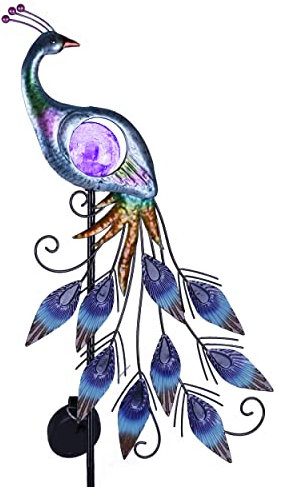TERESA'S COLLECTIONS Garden Ornaments Outdoor, Metal Peacock Solar Garden Light with Crackle Glass Ball, Decorative Bird Art Solar Lights for Pathway Lawn Yard & Flower Pot, Gifts for Women,32inch