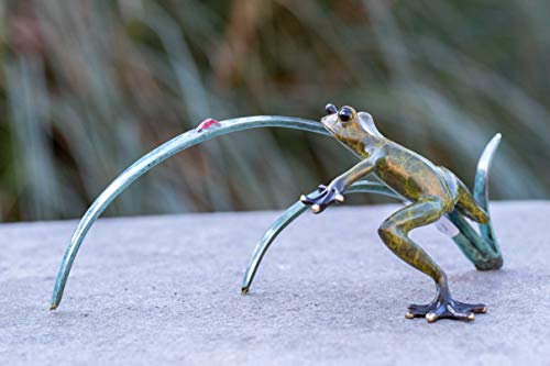 IDYL Bronze-Skulptur Frosch mit Marienkäfer auf einem AST | 9x24x13 cm | Tierfigur aus Bronze handgefertigt | Gartenskulptur oder Teich-Dekoration | Hochwertiges Kunsthandwerk | Wetterfest