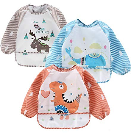 PandaEar (3 Pack Waterproof Baby Bibs with Long Sleeve| Baby Feeding Bib Painting Apron Bibs for Infant Toddler 6-36 Months