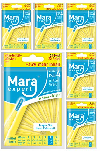 Interdentalbürsten 0,7 mm von MARA EXPERT | ISO 4 mittel breit | 6 x 32 Interdentalbürsten Gelb | Ideale Zahnzwischenraumbürste | Mit Minz Geschmack | Bonus | Fragen Sie Ihren Zahnarzt