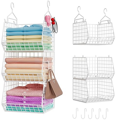 X-cosrack 3 Tier Foldable Closet Organizer, Clothes Shelves with 5 S Hooks, Wall Mount&Cabinet Wire Storage Basket Bins, for Clothing Sweaters Shoes Handbags Clutches Accessories-White Patent Design