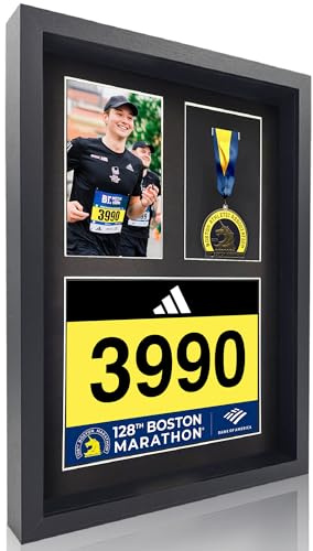 MedalAwardsRack 3-in-1-Schattenbox-Schaukasten, Medaille, Renn-Startnummer und Fotokasten, Halterung und Rahmen für Marathon-/Triathlon-/Lauf-Startnummern, Wandmontage, gehärtetes Glas, schwarz