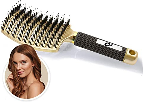 O³ Brosse Cheveux Démêlante Doree - NE TIRE PAS - Femme & Enfant | Poil de Sanglier 100% Naturel - Tous Types de Cheveux - Brushing, Sèche-Cheveux, Anti-Frisottis - Pour démêler en douceur !