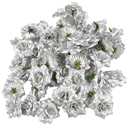 FAVOMOTO 50 Stück Kleine Silberne Blütenköpfe Simulation Rosenblüten Rosenköpfe Stammlose Rosenblüte Blaue Rosenblätter Mini Künstliche Rosenblüte Kreisförmiger Kalender Blumen Blütenkopf