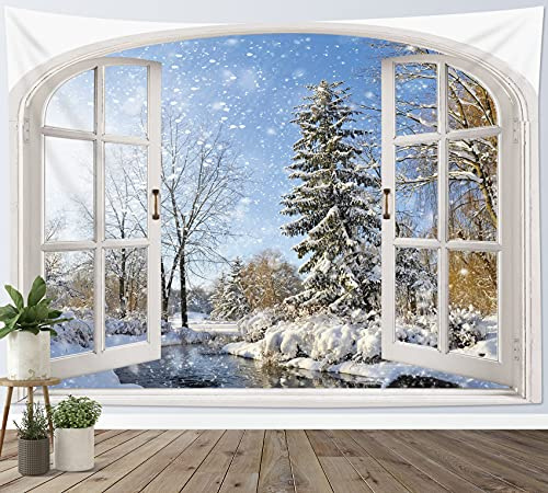 LB Wandteppich Winterlandschaft Wandtuch Kiefer mit Schnee Außerhalb des Fensters Wandbehang Natur Tapisserie für Wohnzimmer Schlafzimmer Wohnheim Wanddeko,235x180 cm