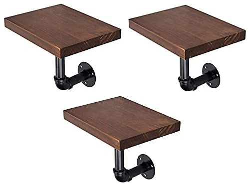 Puhui Wandregal aus Holz und Metall mit industriellen Rohren Einfache Schwimmende Hängeregal Deko Bilderrahmen Bücher Blumentopf Regal Satz von 3 für Schlafzimmer Wohnzimmer Bad