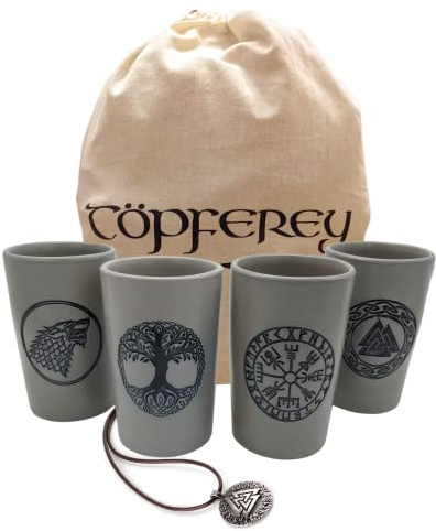 Töpferey Becher Set Wikinger - Tonbecher mit Gravur, Mittelalter Kaffeebecher, Ceramic Mug Set Viking, Grau, 5-teiliges Set