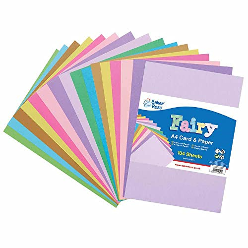 Baker Ross FC480 Großpackung A4 Bastelpapier und Bastelkarton - 104 Blatt, Feenfarben, 80g/m² und 220g/m², DIN A4 Papier und Karte zum Basteln