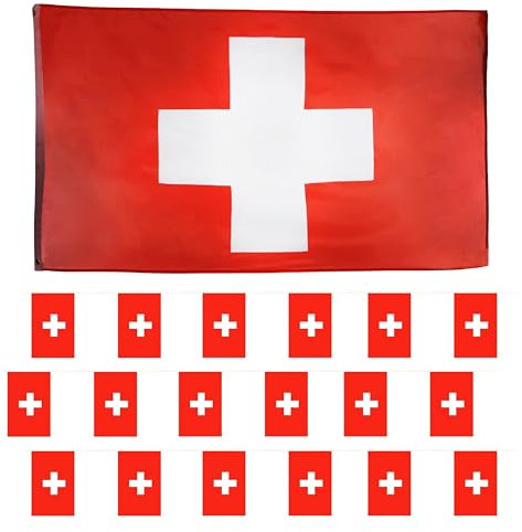 Bandiera Svizzera e bandierine - 1,5 m x 0,9 m + 10 m confezione di bandierine svizzere, eventi sportivi, feste Eurovision decorazione per interni ed esterni