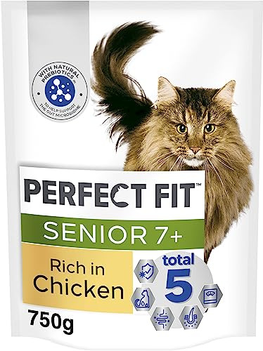 Perfect Fit Senior 7+ Complete Dry Cat Food for Senior Cats Aged 7+ Years, Rich in Chicken, 4 Bags (750 g)