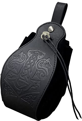 Medeltida viking bältespåse svart fuskläder bältesväska retro bärbar handväska med dragsko renässans tärningsväska för LARP Ren Faire, Svart, Varghuvud och tors hammare