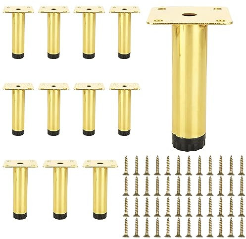 ZOFUN 12 Pcs Furniture Legs, 10 cm/4 inch Adjustable Furniture Support Feet, Gold Coating Sofa Legs with Screws, Straight Metal Gold Legs for Cupboard, Cabinets, Sofa, Table