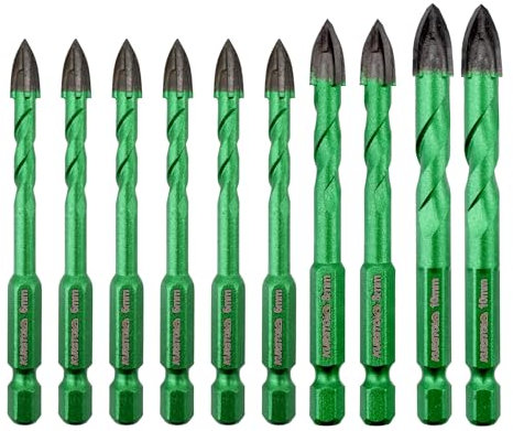 KURSTOL Masonry Drill Bits Set - 10pcs 6mm*6/8mm*2/10mm*2 Tungsten Carbide Tip Tile Drill Bit for Porcelain Tile Concrete Brick Glass Wood Ceramic, Quick Change Shank