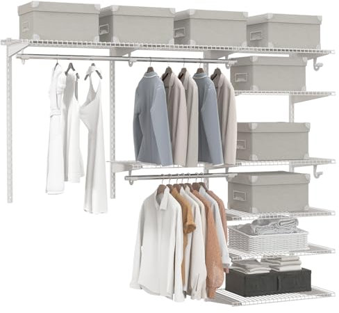 COSTWAY Closet Organiser System, Wall-Mounted Adjustable Metal Rail Garment Rack, Space Saving Clothes Storage Unit for Wardrobe and Bedroom (White, 3 Hanging Rods + 8 Storage Shelves)