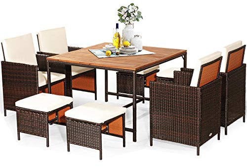 GIANTEX Gartenmöbel Set 8 Stühle mit Tisch, 9er Set Rattan Lounge Möbel Outdoor, Balkonmöbel Set mit Balkontisch, 4 Stühle & 4 Hocker zusammenschiebbar, Terrassenmöbel Sitzgruppe Sitzgarnitur Garten