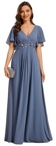 Ever-Pretty Vestito Donna Elegante Scollo a V Maniche a Volant Stile Lungo Abito Cerimonia Donna Denim Blu 52