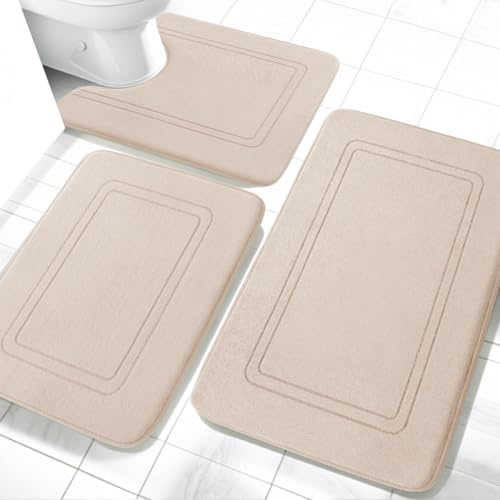 chakme Juego de alfombrillas de baño de 3 piezas, suave alfombrilla de baño de espuma viscoelástica y alfombrilla en forma de U para WC, juego de alfombrillas de baño antideslizante y lavable en color