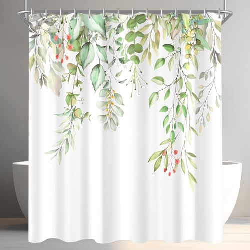 Lerores Duschvorhang 180x200cm Klare Blätter, Beschwerter Saum Antischimmel Textil, Wasserabweisend, Waschbar Polyester Badevorhänge mit 12 Ösen und Duschvorhangringen für Badezimmer, Badewanne
