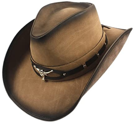 Hemore Brauner Cowboyhut für Männer, Leder brauner Cowgirlhut mit Metallkuhkopfdekor, breiter Krempe Sonnenschutz Männer Cowboy Hut