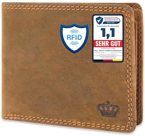 Baur Herren Geldbörse – Echtes Büffelleder mit RFID-Schutz – Kleines Vollleder-Portemonnaie im Querformat mit 8 Kartenfächern und Münzfach (Querformat Klein, Braun)