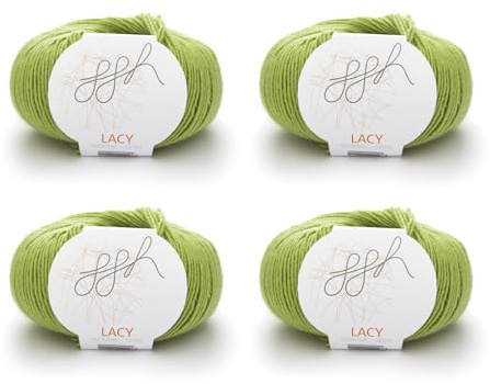 ggh Lacy Set | 4x25g (insgesamt 100g) Set| 150m/25g Merinowolle mit Seide zum Stricken | Farbe 006 - Apfelgrün