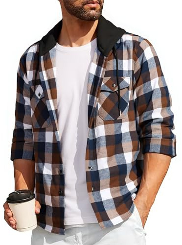 SwissWell Camicia Uomo Flanella Felpe Uomo Camicia a Quadri Manica Lunga Casual Camicia con Cappuccio Marrone XL
