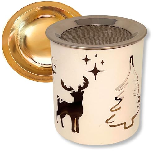 TRINTURA Bruciatore di incenso con colino e ciotola di incenso, cervo di Natale, fiore della vita, per affumicare, set bianco oro
