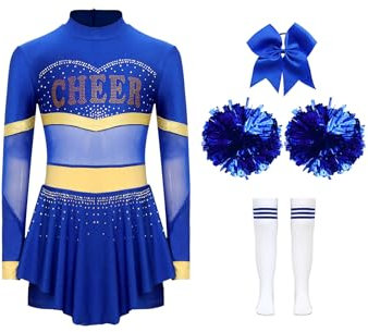 RUNQHUI Kinder Cheer Leader Kostüm Mädchen Langarm Cheerleading Kleid mit Pompoms Harrband Socken Schulmädchen Halloween Cheerleading Outfits Königsblau A 158-164