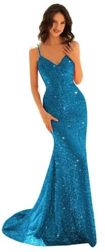 HUINI Meerjungfrau Pailletten Ballkleid V-Ausschnitt Lang Formales Abendkleid Glitzer Cocktail Partykleid für Damen Meerblau 38