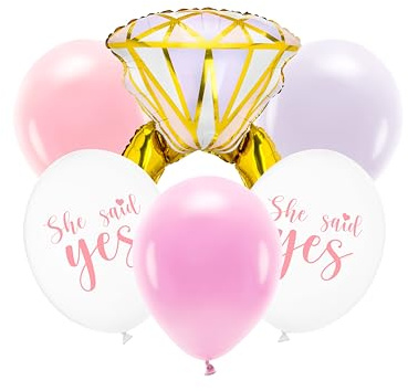 Juego de 6 globos She Said Yes con anillo de globo de aluminio de 60 x 95 cm, globos de látex de color pastel de 30 cm, decoración perfecta para dulces compromisos, despedidas de soltera, despedida