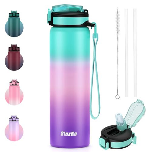 SLUXKE Trinkflasche mit Strohhalm 700 ml, BPA-Frei Auslaufsichere Thermosflasche mit Strap, Doppelwandig Metall Isolierflasche Auslaufsicher für Sport, Reise
