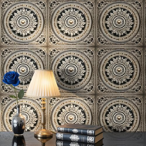 ReWallpaper 44.5CMx7M Papel Pintado Barroco Pared Negro y Dorado Rollo Adhesivo Decorativo para Armarios Chimenea Papel Tapiz Paredes Habitacion Techo Pasillo Vinilo Autoadhesivo Efecto Panel