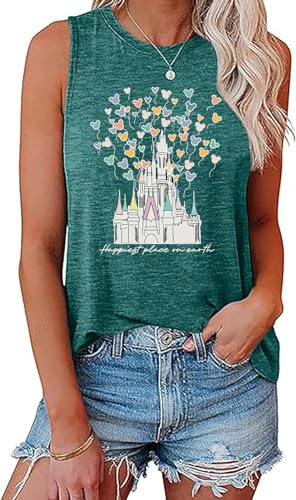 Magic Castle Tank Top Women Happiest Place On Earth Graphic Sleeveless Summer Holiday Vacation Trip Tops Shirts DarkGreen L