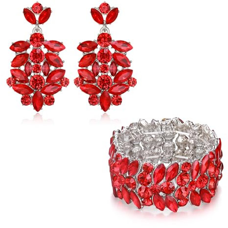 EVER FAITH Armband und Ohrrine Set Österreichischer Kristall Hochzeit Braut Prom Schmuck Sets Rot Silber-Ton