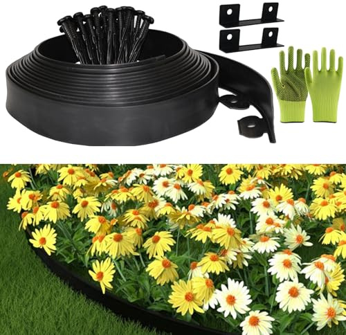 Bordure Jardin Exterieur, Bordure de Jardin Flexible Plastique 5cmx20m, Comprend 60 Pointes d'ancrage et 2 connecteurs Inclus, avec Une Paire de Gants, Bordures Jardin Décorative (Noir, 5cmx20m)