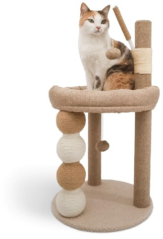 LINUMA® Kratzbaum Katze Beige – Katzenbaum mit Sisal Kratzsäule, Kuschelbett & Spielball – Stabiler Katzenkratzbaum für Wohnungskatzen & kleine Räume