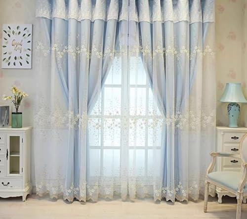 Mesnt Vorhänge Blickdicht, Blau 107x183cm Doppellagige Spitzenstickerei Thermovorhang Kälteschutz Blickdicht, Schallschutz Vorhang Schlafzimmer, Pleat Hook