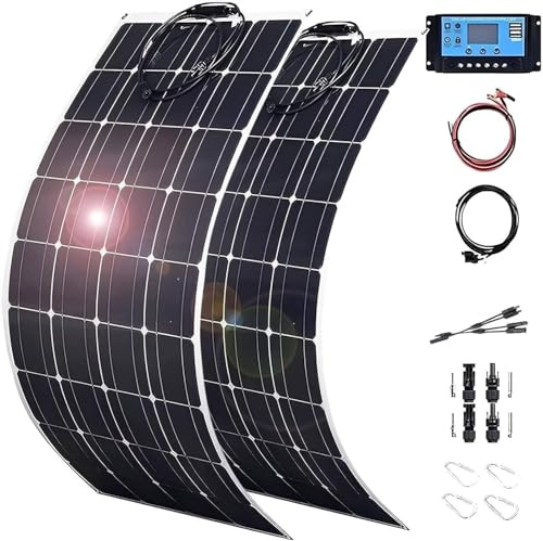 Sunseota Panel Solar Flexible,Placa Solar 150W/200W/300W/400W/520W Flexible+Regulador de Carga Cable Solares+Bridas Metalicas, Panel Solar para Balcón RV Barcos Caravana Baterías de 36V,2 * 150w