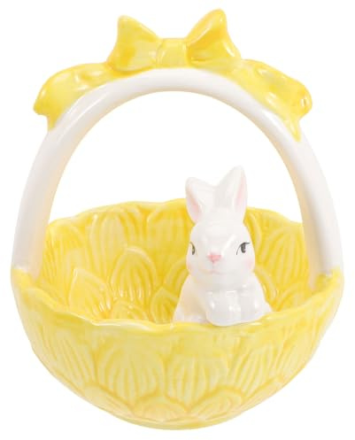 STOBAZA Ceramic Easter Rabbit Basket, Figurine Lifelike Yellow Bunny Ornament for Home Office Decoration, Small Cartoon Style Tabletop Easter Decor Detailed Craftsmanship Cheerful Spring