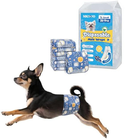 MICOOYO Pannolini Cane Maschio Usa e Getta, Super Assorbenti, Fasce Addominali per Cani con indicatore di umidità, Pannolini per Cani per Incontinenza|marcatura(XS,20 pezzi)