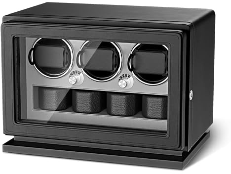 TWIXSTAR Uhrenbeweger, 2-in-1-Uhrenbeweger mit Schlüsselschloss für 3/4/6 Automatikuhren mit 4 Rotationsmodi, Mikrofaserleder, Verstellbarem Uhrenkissen, Leisem Motor und Licht für Damen & Herren