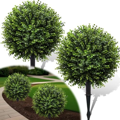 YUGYUM 2 Pack Faux Topiary Ball Trees with Spikes, 24.5 Outdoor UV Resistant Artificial Boxwood Topiaries Bushes,Outside Fake Shrubs Evergreen Plants for Porch, Garden, Indoor Spring Decor-Green